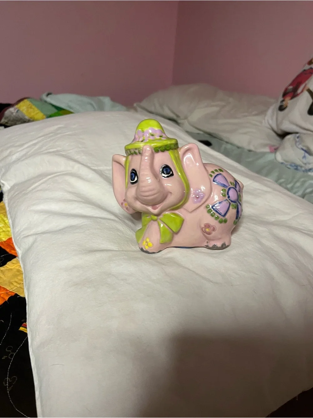 Pink Ceramic Elephant Bank with Lime Green Accents